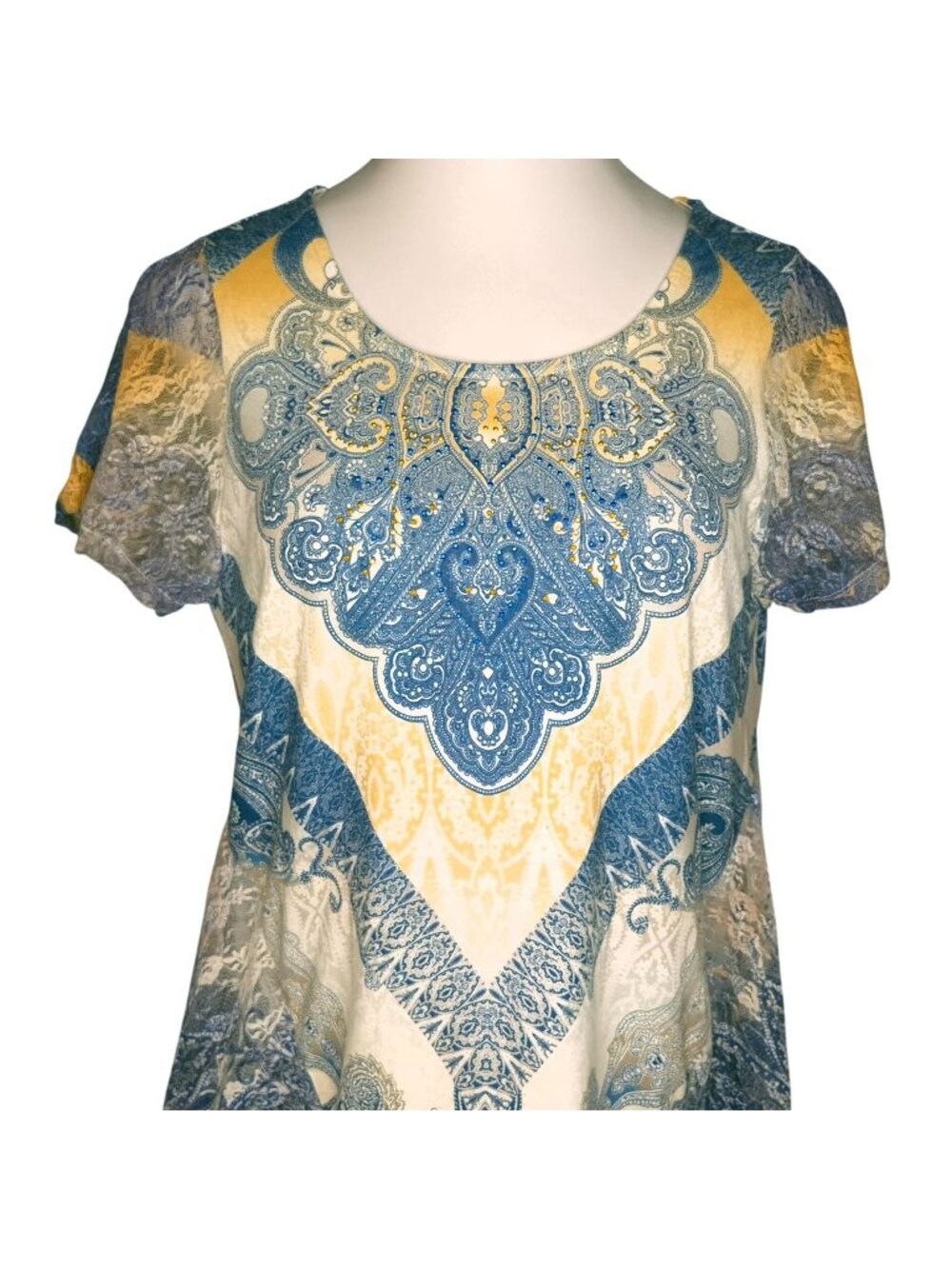 Style & Co Womens Top S Blue-Yellow Paisley Lace Back Lace Short Sleeve